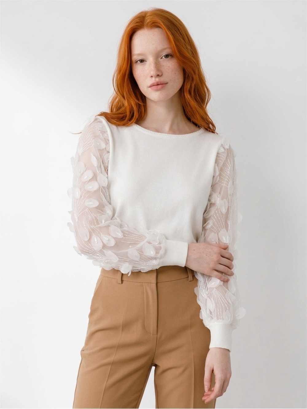 Sioni Eggshell White Sheer Applique Balloon Sleeve Sweater